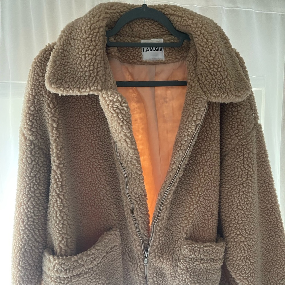 Tiger Mist Taupe-Brown Teddy Faux Shearling Zip Jacket